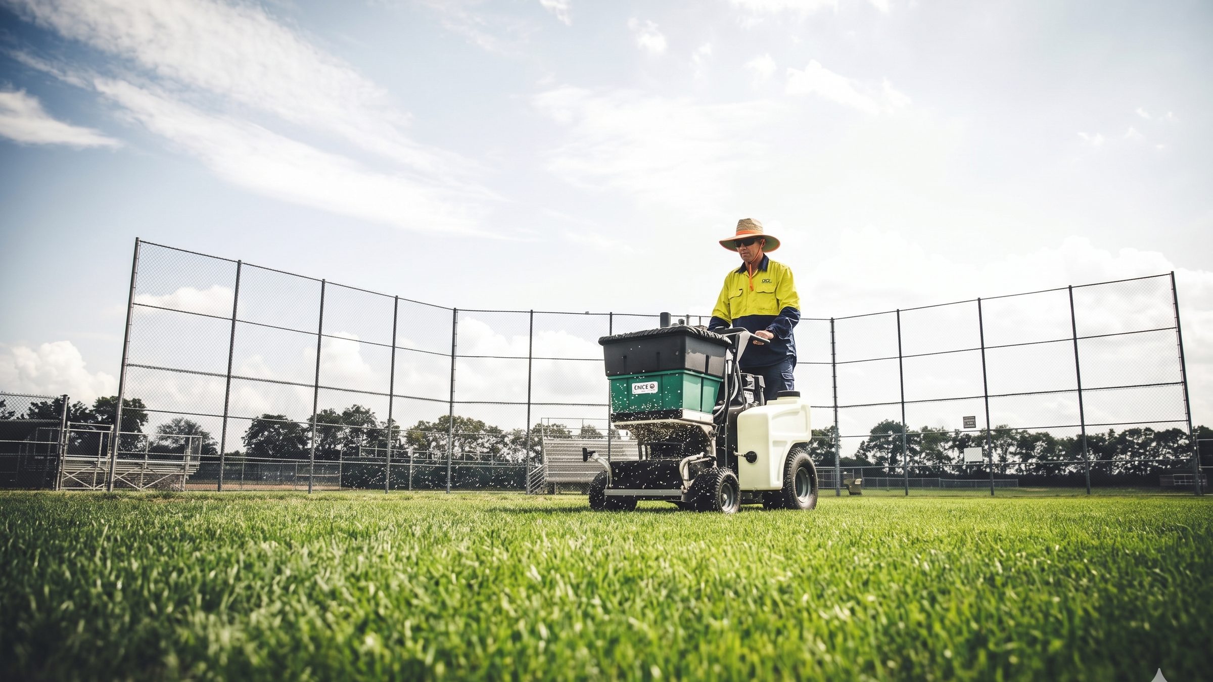 A Grolife crew member operating a fertiliser spreader on a sports field in South East Queensland