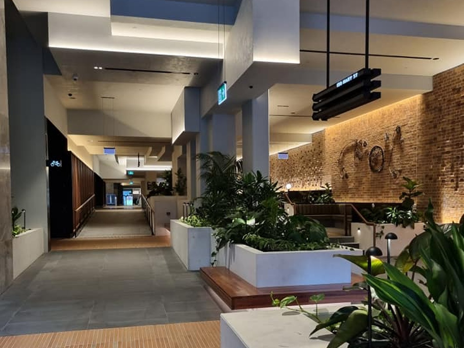 A Grolife Indoor Plantscapes installation in a commercial setting — planters and tropical foliage across a corridor