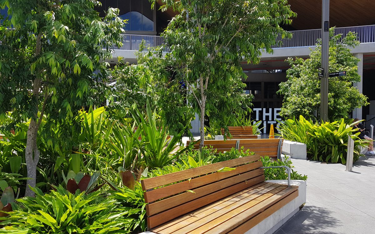 Grolife crew member maintaining hedges at a Queensland service station