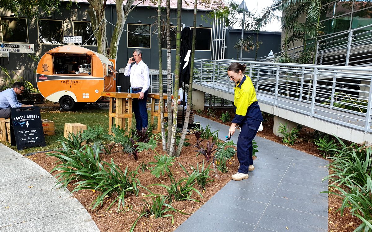 Grolife crew member spraying garden beds at a commercial precinct