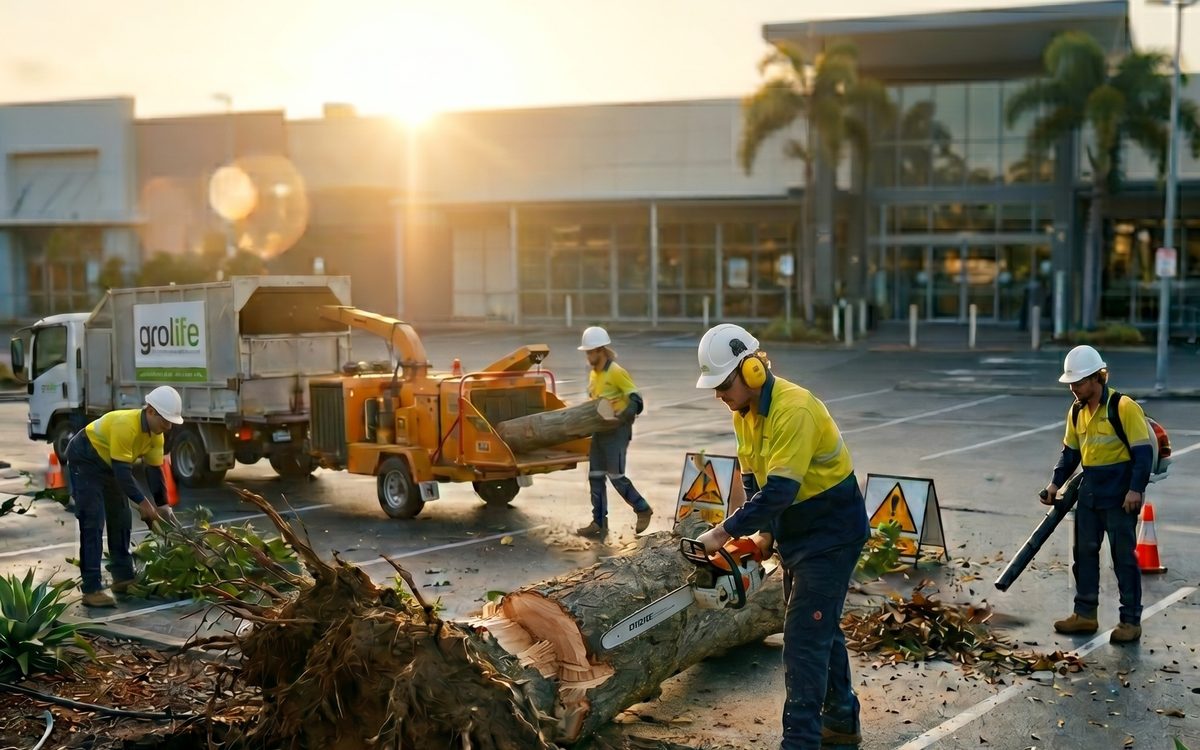 Grolife arborist climbing a palm for storm-damage tree work
